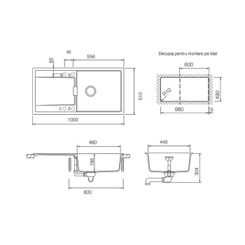 Chiuveta bucatarie Schock Mono D-100L Cristadur Green Line Twilight 1000 x 510 mm, reversibila, montare pe blat, gri taupe