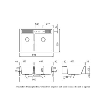 Chiuveta bucatarie Schock Kallio M-175 Cristadur Green Line Dusk 898 x 630 mm cu sifon, montare modul, gri inchis mat