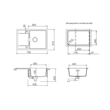 Chiuveta bucatarie Schock Mono D-100 Cristadur Green Line Twilight 765 x 510 mm, reversibila, montare pe blat, gri taupe