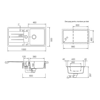 Chiuveta bucatarie Schock Element D-150 Cristalite Vanilla 1000 x 500 mm, reversibila, montare pe blat, bej deschis