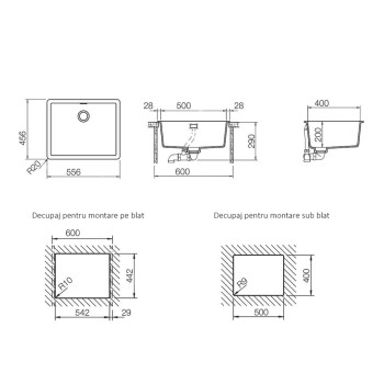 Chiuveta bucatarie Schock Greenwich N-100L 556 x 456 mm Cristadur Puro, negru intens cu parti vizibile Puro