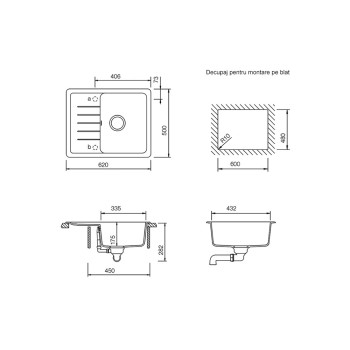 Chiuveta bucatarie Schock Pinedo D-100XS Cristalite Nero 620 x 500 mm, compozit granit, reversibila, montare pe blat, negru