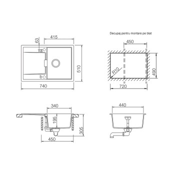 Chiuveta bucatarie Schock Mono D-100S Cristadur Green Line Twilight 740 x 510 mm, reversibila, montare pe blat, gri taupe