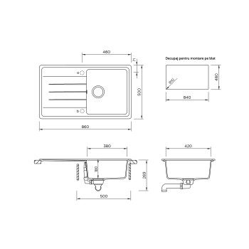 Chiuveta bucatarie Schock Element D-100 Cristalite Vanilla 860 x 500 mm, reversibila, montare pe blat, bej deschis