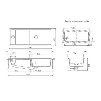 Chiuveta bucatarie Schock Prepstation D-150 Cristadur Green Line Day 1140 x 460 mm, reversibila, pe/sub blat, alb imaculat