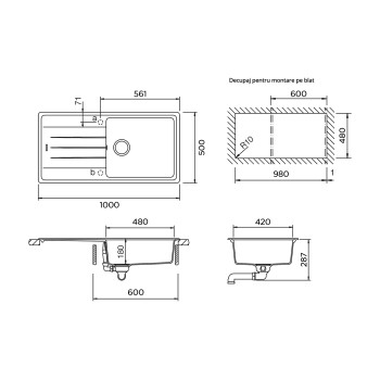 Chiuveta bucatarie Schock Element D-100L Cristalite Gri deschis (Croma) 1000 x 500 mm, reversibila, montare pe blat, gri