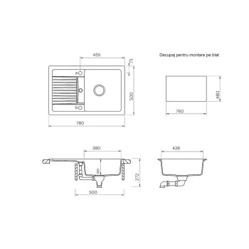 Chiuveta bucatarie Schock Lima D-100S Cristalite Alpina 780 x 500 mm, compozit granit, reversibila, montare pe blat, alb