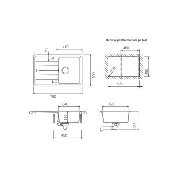 Chiuveta bucatarie Schock Element D-100S Cristalite Sabbia 780 x 500 mm, compozit granit, reversibila, montare pe blat, nisip