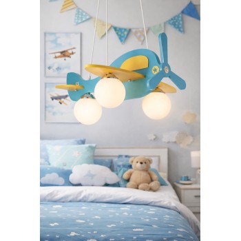 Lustră copii model avion, 3 becuri, albastru-galben, iluminat cameră băieți / nursery