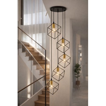 Lustră modernă suspendată 5 becuri, design geometric industrial, negru + auriu, pentru living/scară